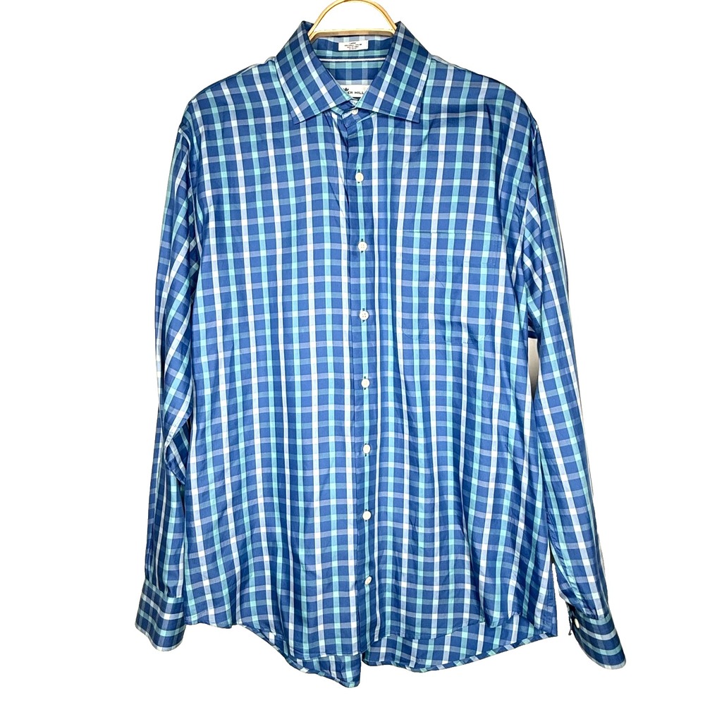 Peter Millar Shirt Mens Sz‎ Large Blue Teal Plaid Cotton Silk Dress Button Down